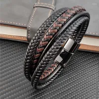 Charmarmband design fyra lager flätat rep brun svart läder armband för rostfritt stål män armband smycken födelsedagspresent