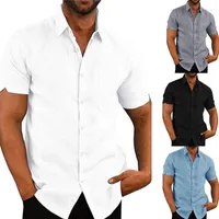 Heren t shirts heren zomer split shirt met korte mouw naar beneden shirt revers kraag imitatie linnen vast kleur blouse met borstzak casual