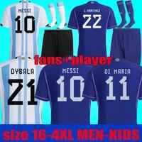 Fans Player -versie Argentini￫ Soccer Jersey 2022 2023 Dybala Aguero Maradona Di Maria Messis 22 23 voetbalshirt Mini Kit Set Uniform Socks Aldult Size 3xl 4xl