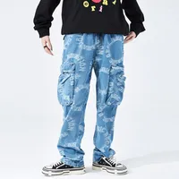 Jeans masculinos Harajuku Lette Full Lette Bolsos de calças lavadas de homens e mulheres cintura elástica de calças de jeans de tamanho grande e reto