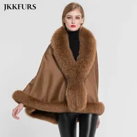 JKKFURS Women's Poncho Genuine Fox Fur Collar Trim  Cashmere Cape Wool Fashion Style Autumn Winter Warm Coat S7358 Q0827337N