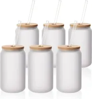 SUBlima￧￣o canecas latas de vidro em branco Fosco 16 oz com tampa de bambu palha de vidro transparente largo jarra infantil copo copo de copo de copo gelado