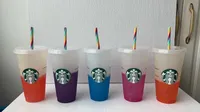 Starbucks 24oz/710ml أكواب بلاستيكية تومل ، غطاء الهدايا القابلة لإعادة الاستخدام شرب الشرب المسطح السفلي لونًا تغيير فلاش أسود كوب أسود