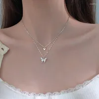 Choker ZHUMAN Flash Diamond Butterfly Double-Layer Necklace Female Simple Design Aense Niche Temperament Ins Cold Wind Clavicle Chain