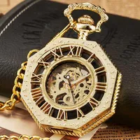 Pocket Watches Gold Mechanical Watch for Men Antique steampunk esqueleto romano numeral FOB PENENTE PENDENTE MÃO MONTRE DE POCHE