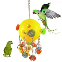 Andra fågelförsörjningar mode husdjur papegoja plast ihålig kul blommor form klocka ring hängande tugga leksak gul sfärisk bälte pendell prydnad