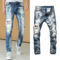 2022 jeans skinny homens retalhos de retalhos Ripped Wash Wash Painted Efeito Cowboy calças jeans299a