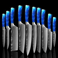 Juego de cuchillo de cocina 10 piezas Chef Knife Professional Japonés 7CR17 Láser de acero inoxidable Damasco Damasco Santo Santoku Blue Resina H211l