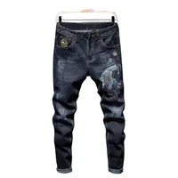New Style Stretch Jeans 2020 Men's Embroidered Carp Dark Blue Slim Tide Pants Autumn Winter Streetwear Holes Patchwork Ripped Jean305c