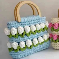 Totes d￩contract￩ fleur en tricot pour femmes Sacs ￠ bandouli￨re ￠ la main ￠ la main ￠ la main coton coton