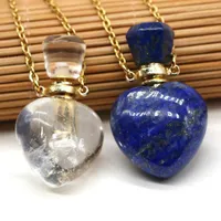 Chains Natural Stone Perfume Bottle Necklace Heart Shaped Lapis Lazuli White Quartz Pendant For Elegant Women Love Romantic Gift 60 CM