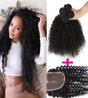 1pc Top Lace Closure3pcs Curly Hair Wefts Brazilian Kinky Curly Virgin Human Hair Weave Hair Extensions Deep Curly 7A Remy Human 3617865