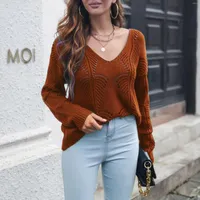 Women's Sweaters Women's V Neck Crochet Cable Knit Sweater Tops Fall Winter Baggy Long Sleeve Solid Hollow Out Pullover