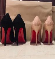 여자 포인트 신발 브랜드 하이힐 웨딩 신발 빨간 반짝이는 바닥 얇은 발 뒤꿈치 8cm 10cm 12cm 누드 블랙 페이턴트 가죽 여성 펌프 34-44 먼지 가방