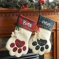 Christmas Decorations Socks Gift Bag Candy Pet Cute Dog Pendant Linen Grid Bone 2023 Year Tree