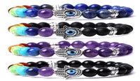 Natural Chakra Stones Beaded Strands Fatima Evil Charm Bracelets Fashion Black Lava Tiger Eye Turquoise Amethyst Agate Quartz Bang4815228
