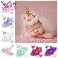 Nishine 02 Years Newborn Unicorn Horn Headbands Silk Bow Tutu Dress With Sandles Sets Kids Baby Po Shoot Children Birthday Gif6127764