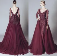 Elegant Lace Formal Burgundy Celebrity Evening Dresses Backless V Neck Long Sleeves 2017 Elie Saab Dress Arabic Party Gowns Cheap 6190063
