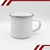 Mugs 350Ml Diy Sublimation Blanks White Cup Enamel Stainless Steel Tumblers Sier Edging Handle Mug Water Coffee Drinking Utensils 9 Dhcww