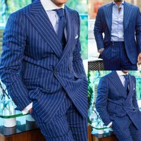 Navy Stripes Men Tuxedos 2 Pieces Plus Size Custom Made Handsome Wedding Suits For Best Man Formal Wear