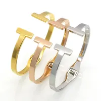 Modeschmuck Edelstahl Gold plattiert Spring Double T Armbänder für Frauen Buchstabe Manschette Liebe Armreifen glatt Arm Charmalm Bracelet2516