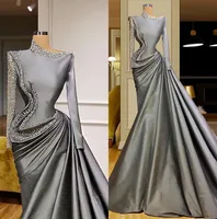 2022 Gray Saudi Arabic Long Sleeves Prom Dresses Wear Major Beading Sequins Taffeta Evening Dress vestidos de fiesta Formal Party Gowns