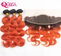 T1B 350 Body Wave Ombre Brazilian Virgin Human Hair Weaves 3 Bundles With 13x4 Ear to Ear Bleached Knots Lace Frontal Closure With1693013