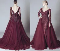 Elegant Lace Formal Burgundy Celebrity Evening Dresses Backless V Neck Long Sleeves 2017 Elie Saab Dress Arabic Party Gowns Cheap 6695242