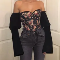 Women's T Shirts Sexy Off Shoulder Backless Lace Up Bustier Corset Women Tops Retro Floral Print Hooks Flare Long Sleeve Top Elegant