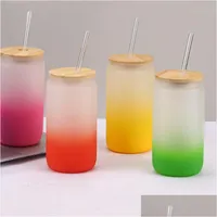 Tumblers 12Oz 16Oz Sublimation Frosted Glass Water Bottle Tumblers S Glasses Jar Soda Beverage St Cup With Bamboo Lid Colore Dhgarden Dhwlr