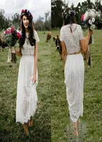 Dreaming Lace Two Pieces Beach Wedding Dresses 2021 With Short Sleeves Jewel Bohemian Wedding Dress Bridal Gowns Reception Party E1127944