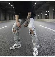 Trendy Men's Factory Wholesale and Retail Fog Same High Street Classic Wash Old Light Blue Worn-out Cat Beard Slim Jeans Bereaved Trousers Male