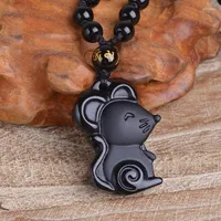 Hänge halsband naturliga obsidian djur zodiakråtta jade smycken lycklig lyckosam amulett halsband fin