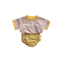 Clothing Sets Children's For Born 2022 Summer Stripe Splicing Short Sleeve T-Shirt Plaid Elastic Waist Shorts Baby Girl Clothes