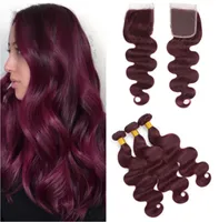 99J Burgundy Virgin Hair Bundles Deals with Closure Body Wave Wine Red Brazilian Human Hair Weaves Extensions with 4x4 Lace Closu2856403
