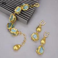 Strand GuaiGuai Jewelry Natural Blue Amazonites Rough Nugget With Electroplated Edge Bracelet Dangle Hook Earrings Sets For Women
