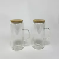 16oz Pre-Drill Snow Globe Glas Dose Tumbler mit Griff Bambus Deckel Stroh Doppelwand Nicht-öffentlicher Brille Becher klare leere Glitzer Kaffeetasse