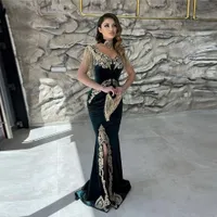 Groene Dubai Kaftan Velvet Mermaid avondjurk Applique Tassel V Nek Side Slit Women Arabisch Formele prom jurk gewaden du soir 2022
