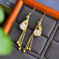 Dangle Earrings Original Inlaid Crystal Chinoiserie Peacock For Women Natural Chalcedony Vintage Tassel Long Ear Hook Silver Jewelry