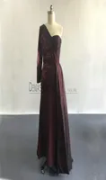2017 Wine Red Split Sheath Evening Dresses with OneShoulder Neckline Long Sleeves Beaded Appliques Side Overskirt Party Prom Gown1583052