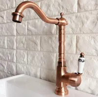 Kitchen Faucets Ceramic Lever Handle Wash Basin Faucet Antique Red Copper Swivel Spout Bathroom Sink And Cold Water Tap 2nf400