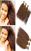 Kinky Curly 6 Średni brązowe brazylijskie dziewicze włosy 3 Pakiety z koronkowymi końcami 4x4 Brown Brown Hair Weave Finks with2243198