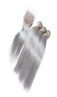 Brazylijskie srebrne szare ludzkie włosy splaty z górnym zamknięciem proste szare kolorowe wiązki włosów dziewicze zajmują 3 pC z koronkowym frontem 4x4