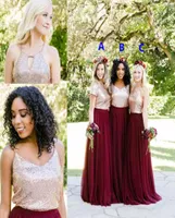Rose Gold Sequined Burgundy Tulle Two Pieces Country Bridesmaid Dresses Three Styles Open Back Floor Length Plus Size Wedding Gues6863595