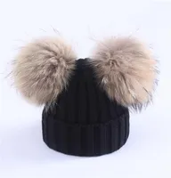 Beanies Mother Kids Warm Winter Caps Real Fur Pom Beanie Wool Knitted Hat For Baby Boys Girls Pompom Raccoon Balls Cap Bonnet1023283