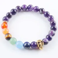 Wojiaer Strands Bracelets Amethyst Stone Round Beads Cabeza fantasma 7 Chakra Healing Mala Meditaci￳n Oraci￳n Yoga Joyas K3232