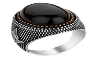 Bijoux turcs ￠ la main anneaux d'obsidienne vintage pour hommes femmes anciennes couleurs argent￩es noires zircon couleurs de couleur