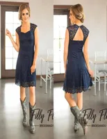 2019 Short Navy Blue Lace Bridesmaid Dresses Capped Sleeves Knee Length Maid of Honor Gowns Cheap Country Bridesmaid Dress BM01794809474