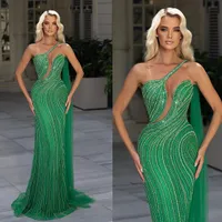 Elegant Green Mermaid Evening Dresses Sexy One Shoulder Beading Prom Dress Floor Length Tulle Formal Party Gowns