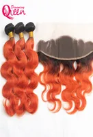 T1B 350 Body Wave Ombre Brazilian Virgin Human Hair Weaves 3 Bundles With 13x4 Ear to Ear Bleached Knots Lace Frontal Closure With1672698
